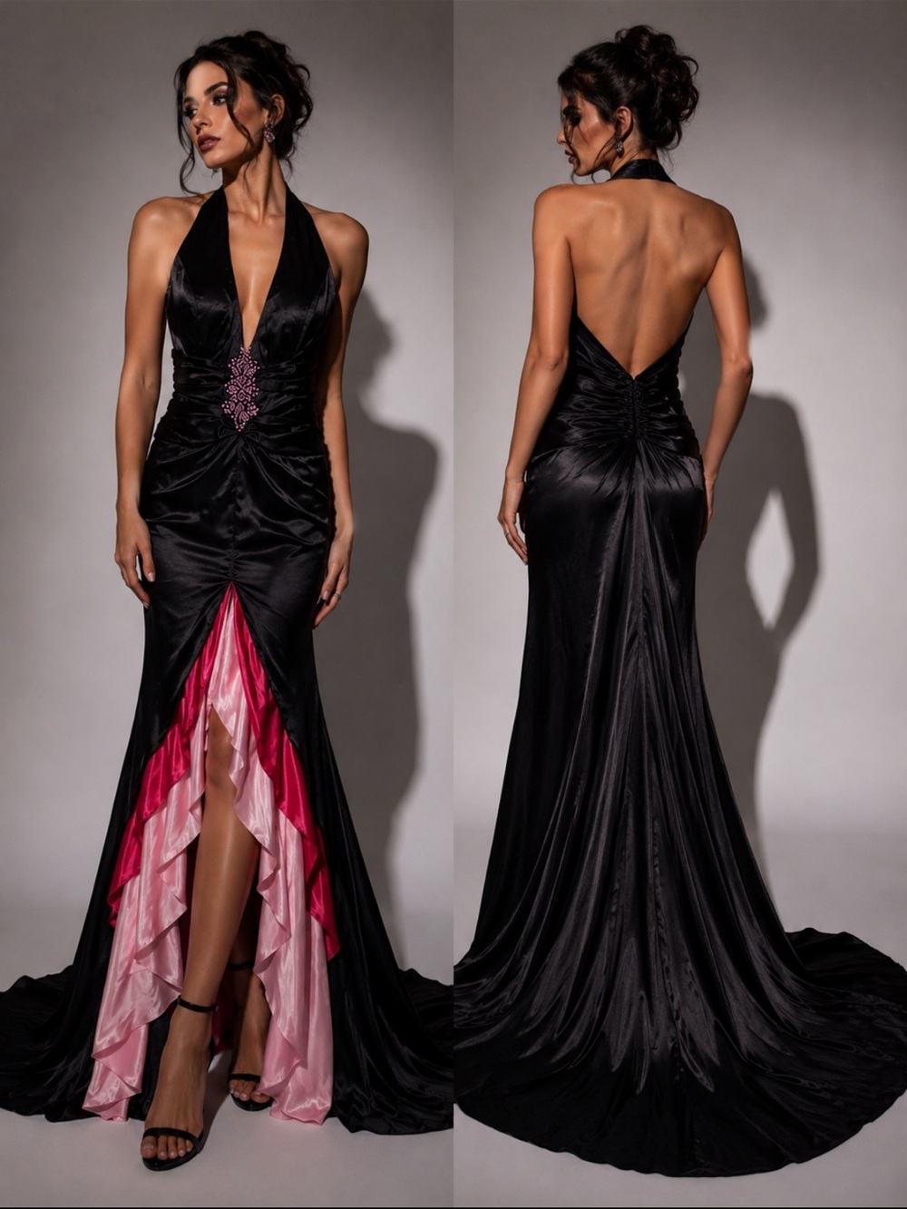 Toofan Satin Halter Gown Open Back Ruched Waist Dramatic Slit